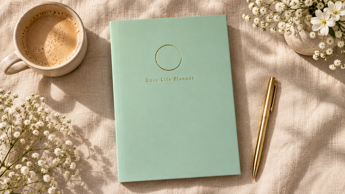 2027 Enso Life Planner NURTURE sage green flat lay
